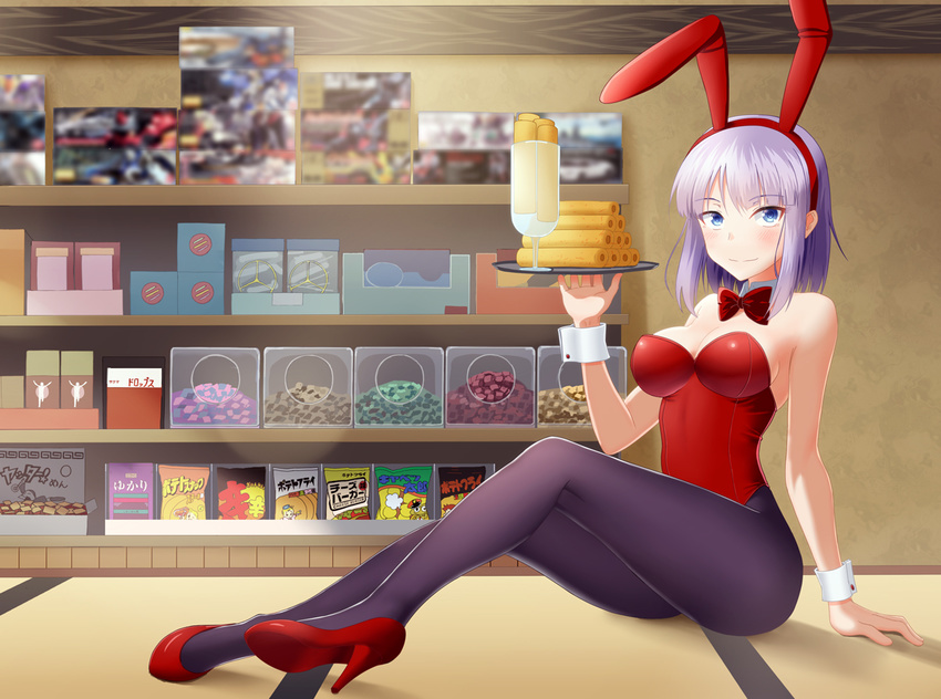 animal_ears bag_of_chips bangs bare_shoulders blue_eyes blurry bow bowtie bunny_ears bunnysuit dagashi_kashi detached_collar eyebrows eyebrows_visible_through_hair fake_animal_ears food glass high_heels holding holding_tray indoors kneepits knees_up leotard looking_at_viewer package pantyhose pigeon-toed poster_(object) purple_hair purple_legwear red_bow red_footwear red_leotard red_neckwear shelf shidare_hotaru shoes shop short_hair skin_tight smile solo sweets taka_(takahirokun) toy transparent tray tsurime visible_ears wrist_cuffs
