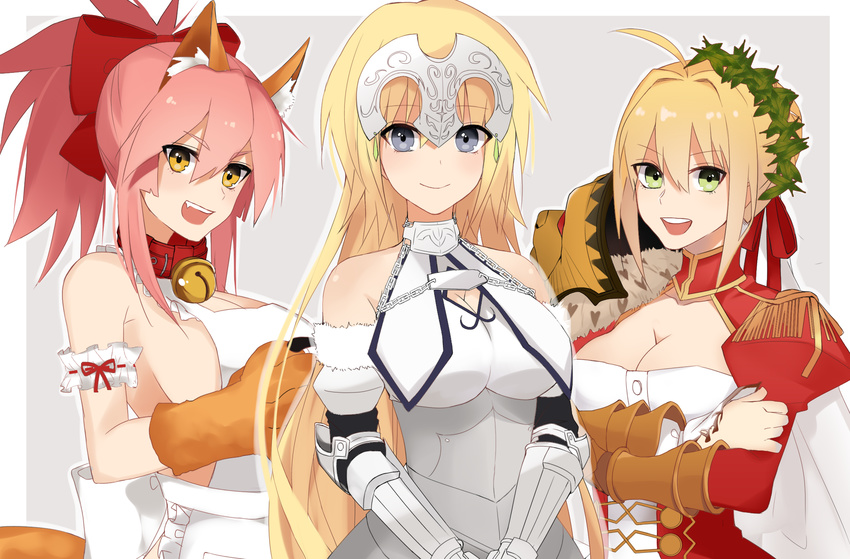 ahoge apron bell bell_collar blonde_hair blue_eyes breasts cleavage collar fate/apocrypha fate/extra fate/grand_order fate_(series) gloves green_eyes highres jeanne_d'arc_(fate) jeanne_d'arc_(fate)_(all) large_breasts long_hair multiple_girls naked_apron nero_claudius_(fate) nero_claudius_(fate)_(all) nk paw_gloves paws pink_hair ponytail tamamo_(fate)_(all) tamamo_cat_(fate) yellow_eyes