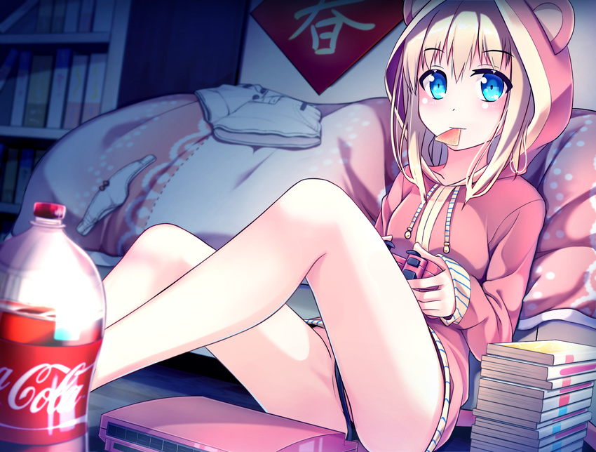 animal_hood bangs bed blanket blonde_hair blue_eyes blurry book_stack bottle coke_bottle controller depth_of_field dutch_angle eyebrows eyebrows_visible_through_hair food_in_mouth game_controller highres holding hood hooded_jacket indoors jacket long_sleeves looking_at_viewer md5_mismatch mouth_hold new_year no_pants on_floor original panties panties_removed partially_visible_vulva pillow playing_games shade shorts shorts_removed sitting soda soda_bottle solo underwear white_panties white_shorts wooden_floor yan_(nicknikg)
