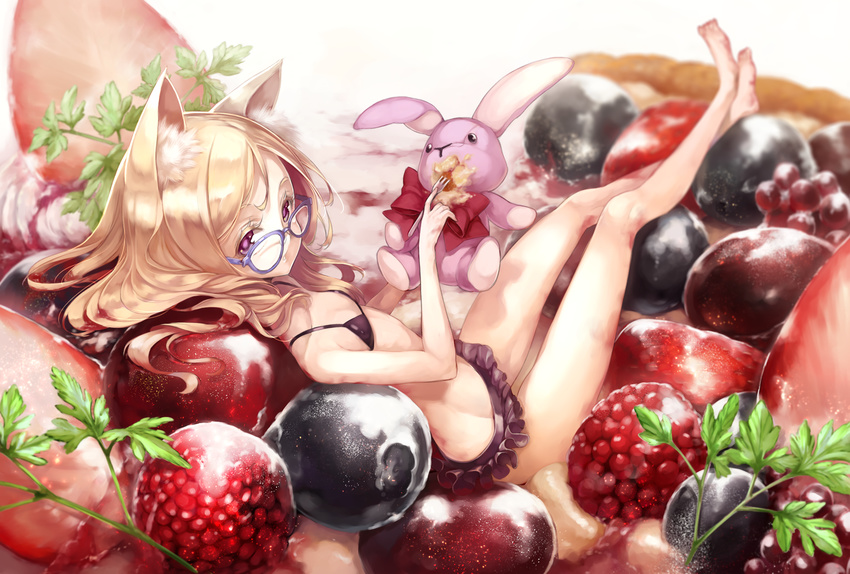 animal_ears bangs barefoot bikini bikini_skirt blonde_hair blue-framed_eyewear blueberry blurry bow bowtie colored_eyelashes cranberry depth_of_field flat_chest food fork frilled_bikini frills from_above from_side fruit full_body glasses holding holding_fork in_food leaf long_hair looking_at_viewer looking_back lying minigirl mito_itsuki on_back original oversized_object parsley pastry purple-framed_eyewear purple_bikini purple_eyes raspberry red_bow red_neckwear solo strawberry string_bikini stuffed_animal stuffed_bunny stuffed_toy sweets swept_bangs swimsuit tart_(food)