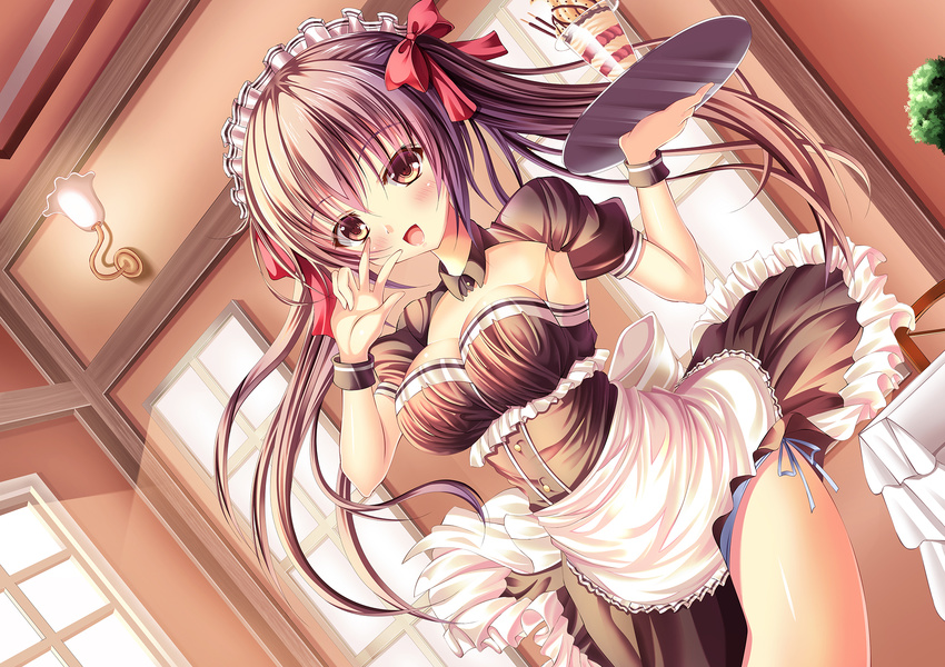 :d apron bad_id bad_pixiv_id bangs black_dress blue_panties blush bow breasts brown_eyes brown_hair cleavage cowboy_shot detached_collar detached_sleeves dress dress_lift dutch_angle food frilled_dress frills hair_bow hair_over_eyes highres holding holding_tray indoors lamp lantern large_breasts light_rays looking_at_viewer maid maid_headdress moe2016 open_mouth original panties parfait pocky puffy_short_sleeves puffy_sleeves short_sleeves side-tie_panties smile solo strapless strapless_dress sunbeam sunlight thighs tray twintails underbust underwear w waist_apron walking wall_lamp window wrist_cuffs yuuzuki_hijiri