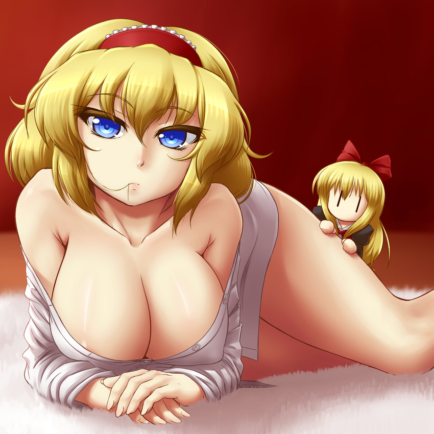 alice_margatroid bare_shoulders blonde_hair blue_eyes breasts cleavage hair_in_mouth hairband highres huge_breasts looking_at_viewer lying mouth_hold naked_shirt seli shanghai_doll shirt touhou |_|