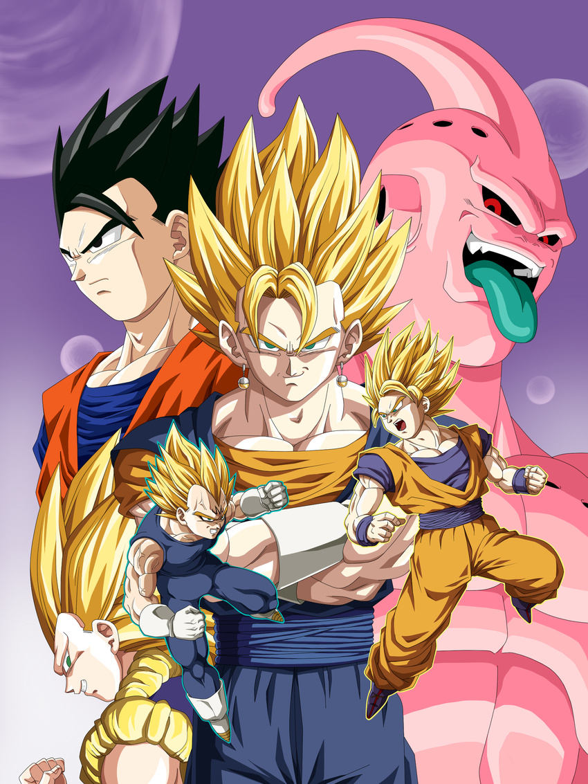 antennae black_eyes black_hair black_sclera blonde_hair boots clenched_teeth collarbone crossed_arms dougi dragon_ball dragon_ball_z earrings facial_mark forehead_mark gloves gotenks green_eyes grin highres jewelry kamakiri majin_buu majin_vegeta muscle no_eyebrows outline pink_skin potara_earrings red_eyes serious smile son_gohan son_gokuu spiked_hair super_saiyan super_saiyan_3 teeth tongue tongue_out vegeta vegetto white_footwear white_gloves widow's_peak wristband