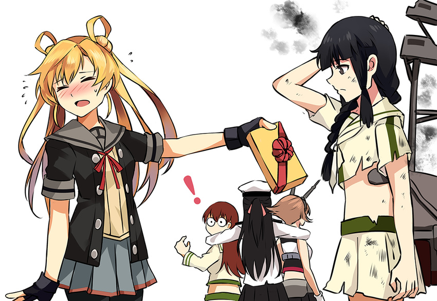 5girls abukuma_(kantai_collection) back bangs bare_shoulders bike_shorts black_gloves black_hair black_skirt blonde_hair blunt_bangs blush box braid broken brown_hair buttons closed_eyes double_bun female_admiral_(kantai_collection) fingerless_gloves flying_sweatdrops gift gift_box giving gloves hair_between_eyes hair_over_shoulder hair_rings hand_behind_head hand_on_own_head hat headgear holding holding_gift kantai_collection kitakami_(kantai_collection) long_hair looking_away looking_back midriff military military_hat military_uniform multiple_girls mutsu_(kantai_collection) neko_(yanshoujie) o_o ooi_(kantai_collection) open_mouth peaked_cap pleated_skirt remodel_(kantai_collection) school_uniform serafuku short_hair short_sleeves shorts shorts_under_skirt simple_background skirt smoke solid_circle_eyes torn_clothes torn_skirt twintails uniform valentine white_background white_gloves