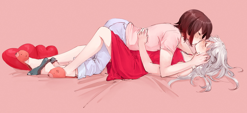 animal_slippers bed_sheet brown_hair closed_eyes couple dress full_body girl_on_top hand_on_another's_face heart heart_pillow highres kiss long_hair lying moonexplorers multiple_girls no_socks on_back on_stomach pants pillow pink_background pink_shirt red_dress ruby_rose rwby shirt short_hair silver_hair sleeveless sleeveless_dress slippers t-shirt weiss_schnee yuri