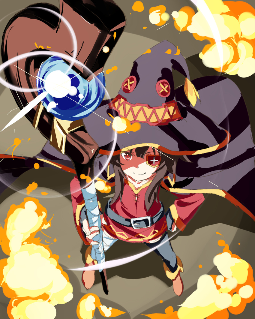 bad_id bad_pixiv_id bandages belt belt_buckle black_hair boots buckle cape evil_smile eyepatch fingerless_gloves from_above gebaan gloves hat heat highres kono_subarashii_sekai_ni_shukufuku_wo! light megumin orb perspective red_eyes scepter shadow smile smoke solo staff standing thighhighs witch witch_hat