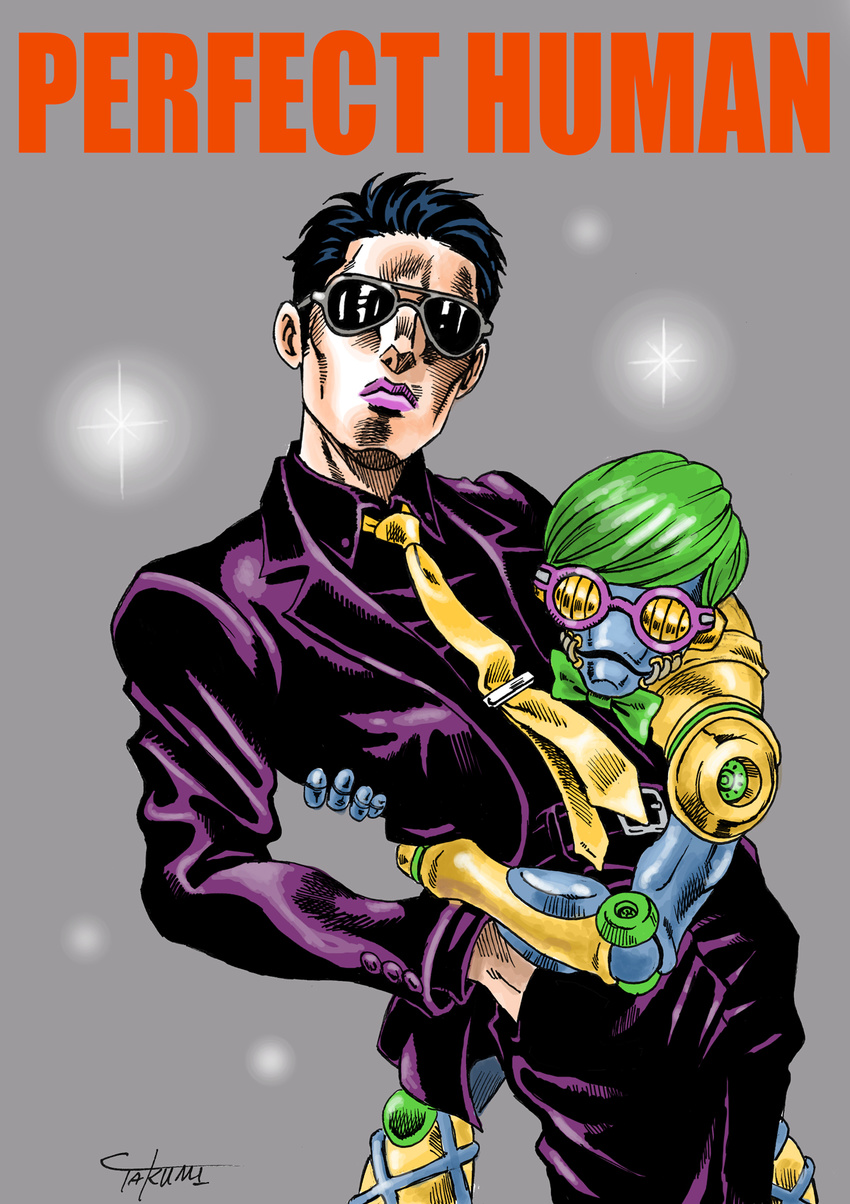 araki_hirohiko_(style) artist_name black_hair bow bowtie cowboy_shot crosshatching formal fujimori_shingo glasses green_hair hand_in_pocket highres jojo_no_kimyou_na_bouken lipstick makeup male_focus nakata_atsuhiko necktie oriental_radio parody perfect_human purple_lipstick purple_suit real_life signature stand_(jojo) style_parody suit sunglasses takumi_(marlboro)