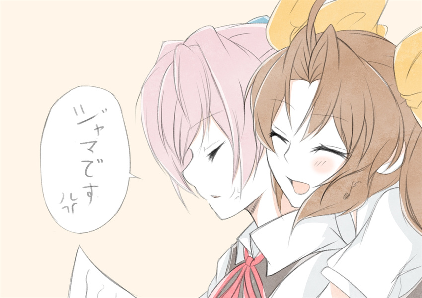 ahoge brown_hair closed_eyes eighth_note eyebrows_visible_through_hair hair_ornament hair_ribbon hikobae hug kagerou_(kantai_collection) kantai_collection multiple_girls musical_note open_mouth pink_hair ribbon school_uniform shiranui_(kantai_collection) short_sleeves simple_background smile translated twintails upper_body