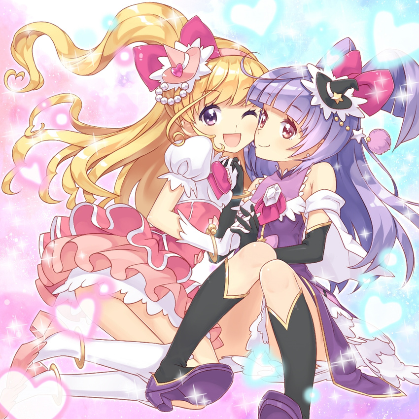 ;d aqua_background asahina_mirai black_footwear black_gloves black_hat blonde_hair boots bow buntan capelet cure_magical cure_miracle full_body gem gloves hair_bow half_updo hat heart highres holding_hands izayoi_liko knee_boots long_hair looking_at_viewer magical_girl mahou_girls_precure! mini_hat mini_witch_hat multiple_girls one_eye_closed open_mouth pink_background pink_bow pink_hat pink_skirt ponytail precure puffy_sleeves purple_eyes purple_hair purple_skirt sitting skirt smile white_footwear white_gloves witch_hat