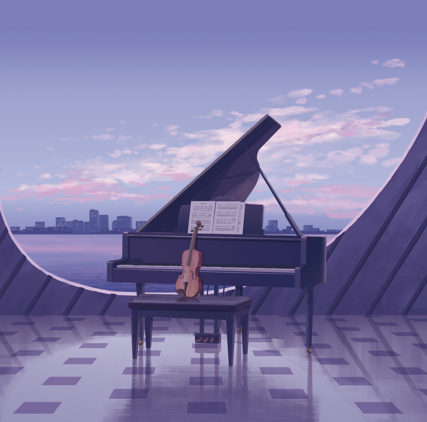 cloud highres instrument isou_nagi no_humans original piano piano_bench reflection scenery sheet_music sky skyline violin window