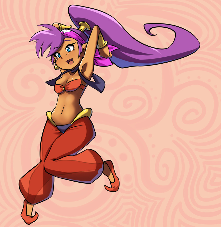 absurdres arms_up bandeau blue_eyes breasts cleavage commentary dark_skin earrings fang full_body hair_ornament harem_pants headband high_ponytail highres jewelry long_hair medium_breasts midriff navel okamaka open_mouth pants pointy_ears pointy_shoes purple_hair see-through shantae_(character) shantae_(series) shoes smile solo vest wrist_cuffs