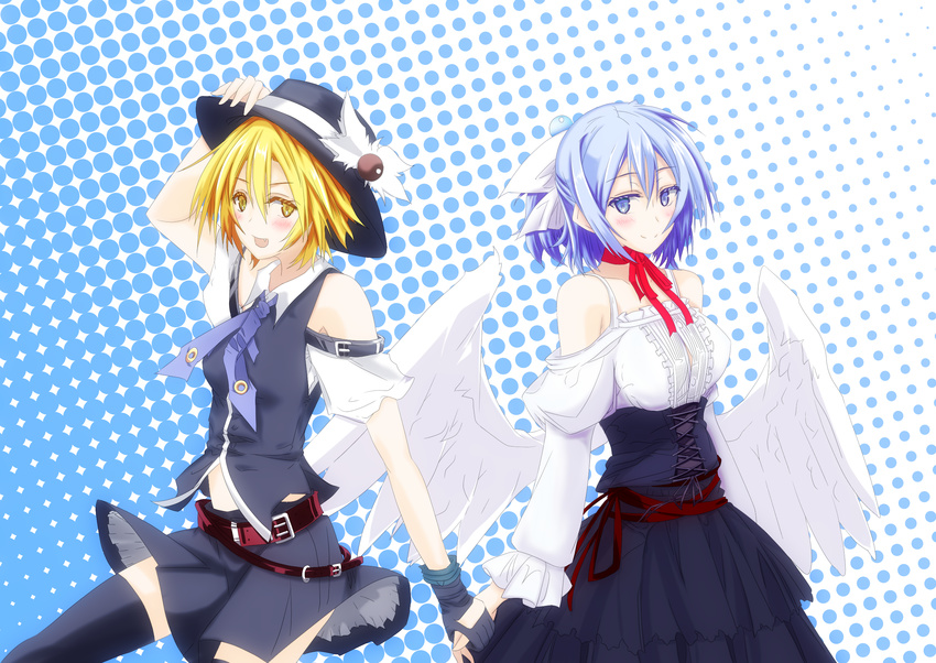 blonde_hair blue_eyes commentary_request derivative_work hair_bobbles hair_ornament half_updo hat highres holding_hands mai_(touhou) multiple_girls silver_hair tk31 touhou touhou_(pc-98) wings yellow_eyes yuki_(touhou)