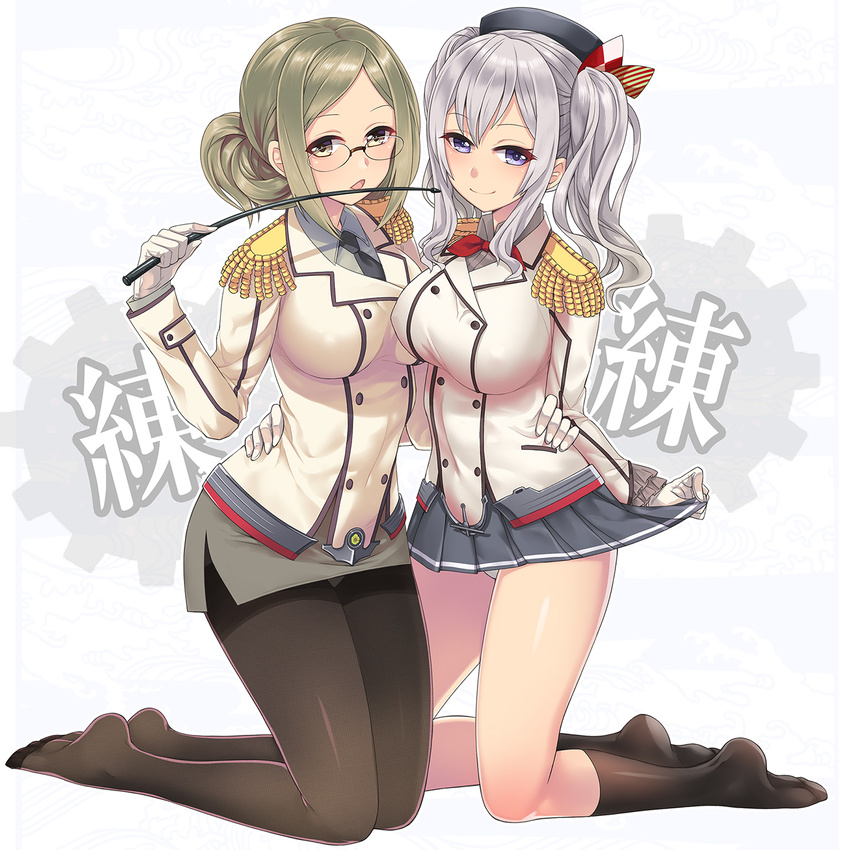 blue_eyes blue_hair breasts brown_hair glasses highres japanese_clothes kantai_collection kashima_(kantai_collection) katori_(kantai_collection) kazu large_breasts long_hair miniskirt multiple_girls no_shoes pantyhose pleated_skirt pointer silver_hair skirt smile twintails wavy_hair