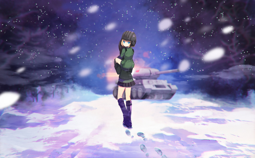 banned_artist bare_tree blonde_hair blue_eyes boots carrying forest girls_und_panzer ground_vehicle hairband highres katyusha knee_boots looking_at_viewer looking_back military military_uniform military_vehicle motor_vehicle multiple_girls nature nonna outdoors piggyback plant pravda_military_uniform road rock short_jumpsuit skirt snow standing street t-34 tank tetsubuta thighs tree turret uniform winter