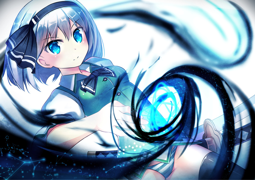 aqua_eyes bow headband katana konpaku_youmu magic myon panties short_hair striped_panties sword thighhighs touhou underwear weapon white_hair yan_(nicknikg)