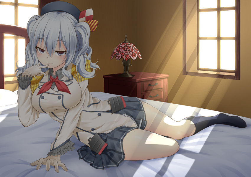 arm_support bangs bedroom beret black_legwear blush breasts closed_mouth collared_shirt drawer dress_shirt epaulettes eyebrows eyebrows_visible_through_hair finger_to_mouth frilled_sleeves frills full_body gloves grey_eyes grey_shirt hair_ornament hat indoors jacket kantai_collection kashima_(kantai_collection) kerchief kneehighs lamp large_breasts leaning_to_the_side long_sleeves looking_at_viewer military military_uniform miniskirt no_shoes oekakizuki on_bed pleated_skirt shade shirt silver_hair sitting skirt smile solo striped twintails uniform white_gloves window window_shade