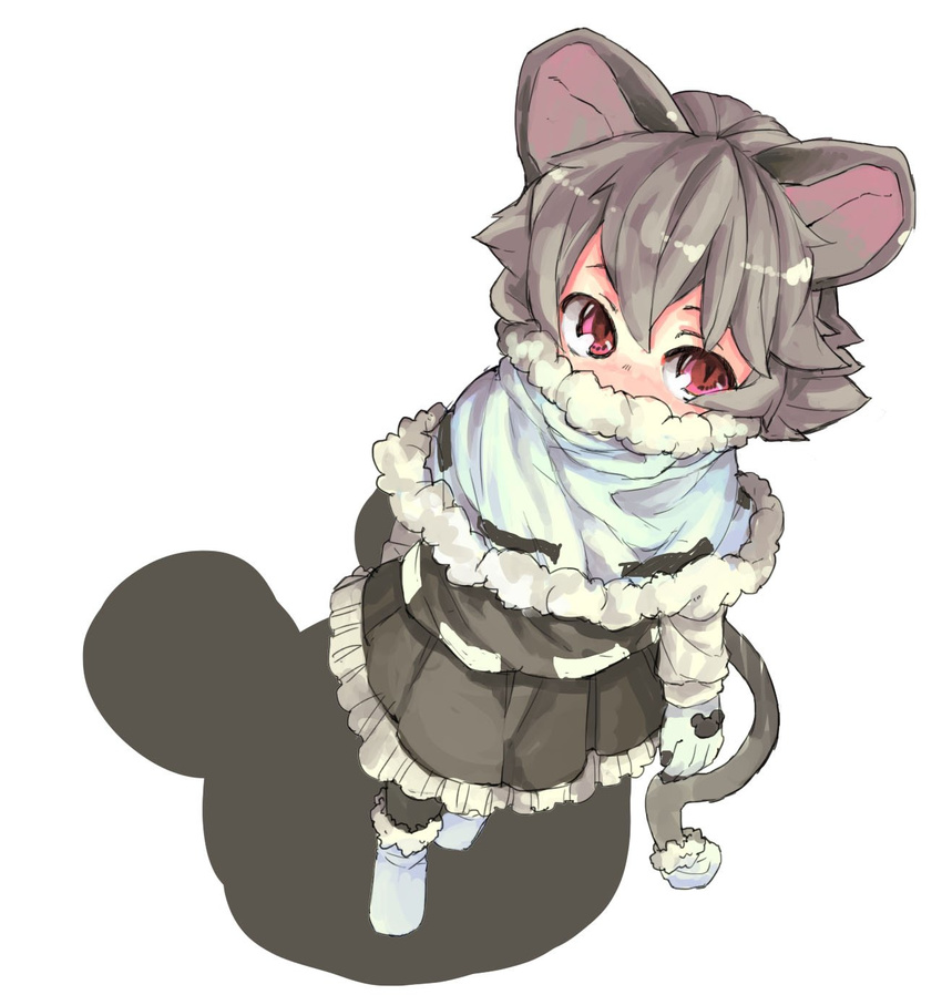 animal_ears animal_print black_dress black_legwear blue_gloves blush covering_mouth dress full_body gloves grey_hair highres long_sleeves looking_at_viewer looking_up mouse mouse_ears mouse_tail nazrin no_shoes nose_blush pantyhose poncho red_eyes short_hair simple_background slit_pupils socks solo standing tail tareme touhou white_background white_legwear winter_clothes yunuki_uta