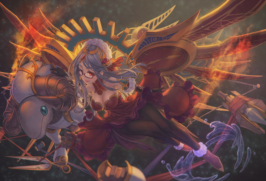 breasts cleavage glasses gray_hair long_hair pantyhose puzzle_&amp;_dragons red_eyes rotix urd_(p&amp;d)