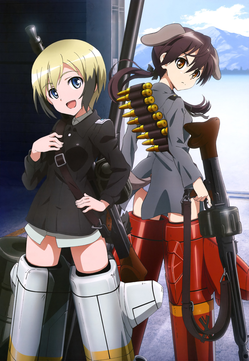 absurdres animal_ears artist_request ass black_hair blonde_hair blue_eyes brown_eyes brown_hair dog_ears erica_hartmann frown gertrud_barkhorn hair_between_eyes highres long_hair military military_uniform multicolored_hair multiple_girls official_art panties serious short_hair smile strike_witches striker_unit tail twintails two-tone_hair underwear uniform weapon white_panties world_witches_series