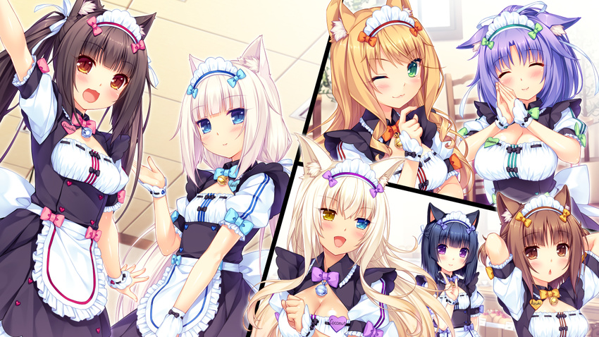 aliasing animal_ears apron azuki_(sayori) bell bicolored_eyes black_hair blush bow breasts brown_eyes brown_hair catgirl chocola_(sayori) cinnamon_(sayori) cleavage coconut_(sayori) collar game_cg green_eyes headdress long_hair maid maple_(sayori) minazuki_shigure nekopara orange_eyes orange_hair purple_eyes purple_hair sayori short_hair twintails uniform vanilla_(sayori) waitress white_hair wink wristwear