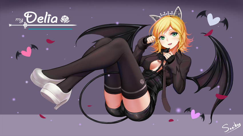 animal_ears blonde_hair breasts cameltoe erect_nipples green_eyes headband mabinogi mabinogi_heroes open_shirt short_hair shorts signed sonic0_0 tagme_(character) tail thighhighs tie wings