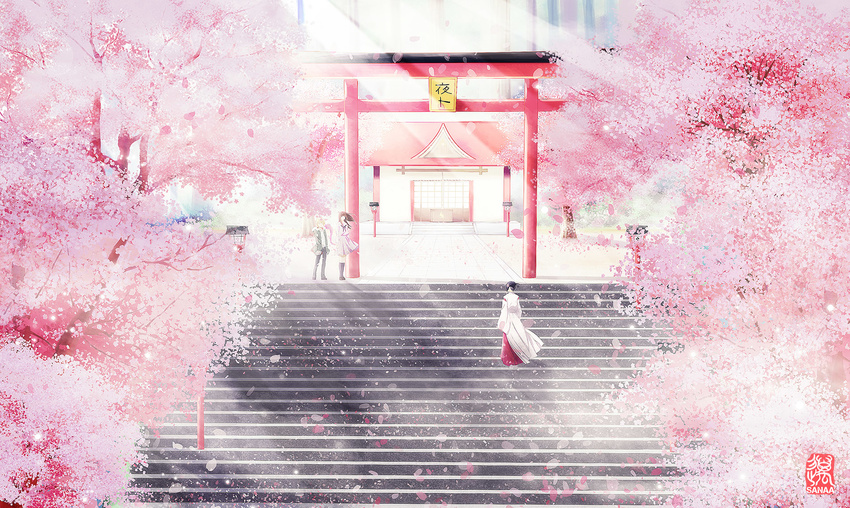 cherry_blossoms iki_hiyori japanese_clothes male noragami sanaa scenic seifuku shrine stairs torii tree yato_(noragami) yukine_(noragami)