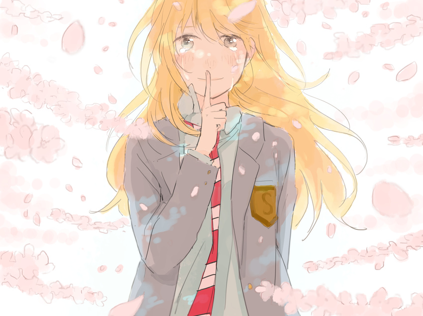 blonde_hair blue_eyes cherry_blossoms hinao_(flowerrabbit2348) miyazono_kawori petals shigatsu_wa_kimi_no_uso tears tie
