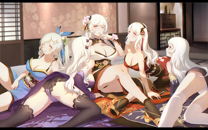 ahoge aircraft_carrier_hime aircraft_carrier_water_oni albino all_fours alternate_costume arm_support armored_aircraft_carrier_hime ass back bangs bare_shoulders bead_bracelet beads bell between_legs black_legwear black_panties black_ribbon blanket blue_bow blue_ribbon blurry blush bow bracelet breasts bunny_hair_ornament cabinet character_request cherry_blossoms cleavage clothes_lift crawling crotch_seam depth_of_field detached_sleeves drawer eyelashes finger_to_mouth floral_print flower frills garter_straps hair_bell hair_bow hair_flower hair_ornament hair_ribbon hairband hairclip half-closed_eyes hand_between_legs high_heels highres horn_ornament horn_ribbon horns indoors japanese_clothes jewelry jingle_bell kantai_collection kimono kimono_lift lace lace-trimmed_panties lace-trimmed_thighhighs large_breasts lattice leaf leaning_back letterboxed long_hair looking_at_viewer masturbation masturbation_through_clothing midway_hime multiple_girls obi one_eye_closed one_side_up open_toe_shoes orange_eyes over-kneehighs pale_skin panties pink_flower ponytail purple_ribbon red_eyes ribbon ribbon-trimmed_sleeves ribbon_trim rope sash shinkaisei-kan shoes shouji sitting sliding_doors socks strapless swept_bangs tassel tatami thighhighs underwear upskirt wallpaper white_hair white_legwear white_panties wind_chime wrist_ribbon yijian_ma