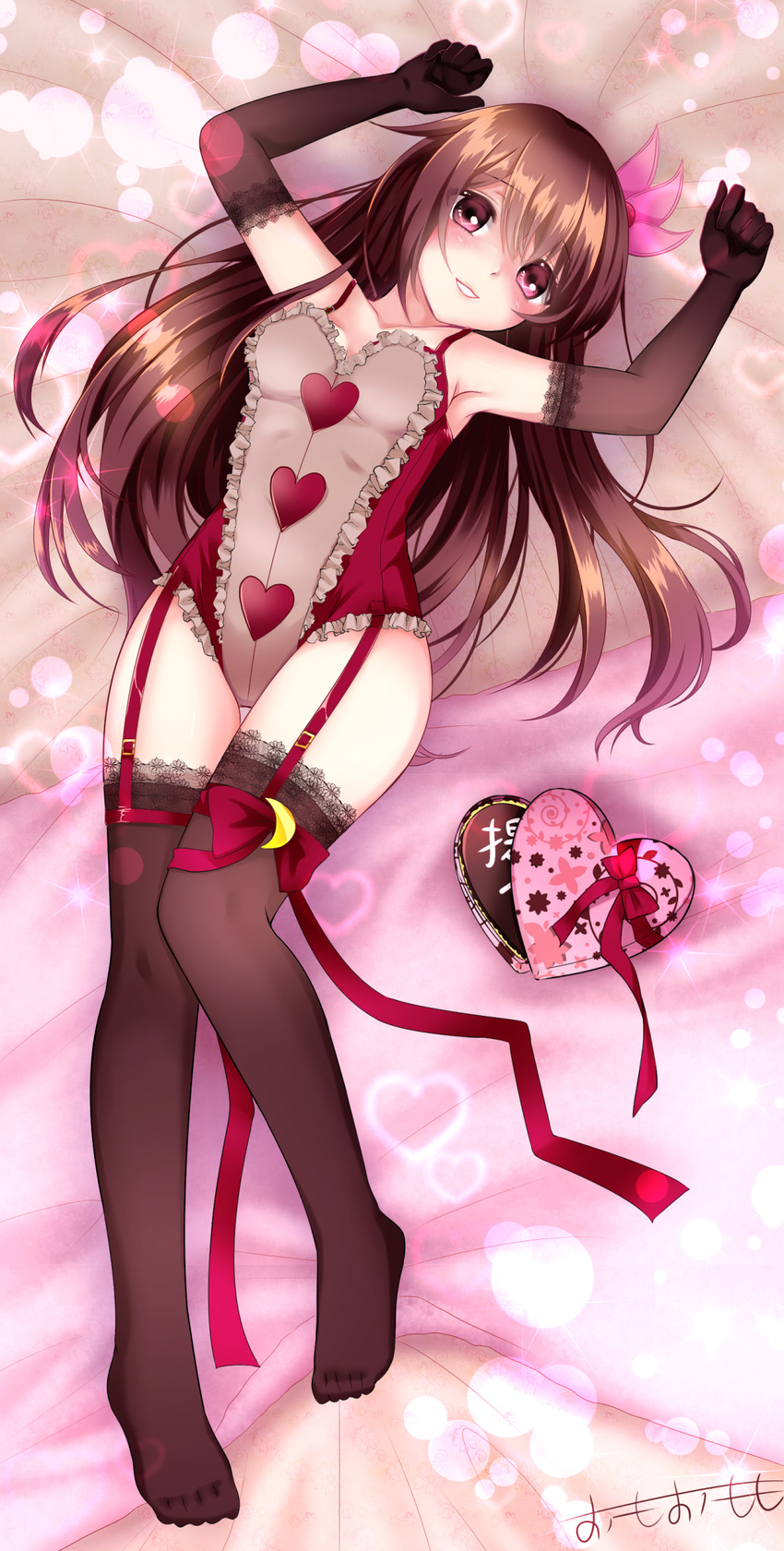 armpits artist_name bad_id bad_pixiv_id bare_shoulders blush box breasts brown_gloves brown_hair brown_legwear chocolate commentary_request crescent crescent_moon_pin elbow_gloves garter_straps gift gift_box gloves hair_ornament heart heart-shaped_box highres kantai_collection kisaragi_(kantai_collection) leotard long_hair looking_at_viewer lying omoomomo on_back purple_eyes ribbon small_breasts smile solo thighhighs valentine
