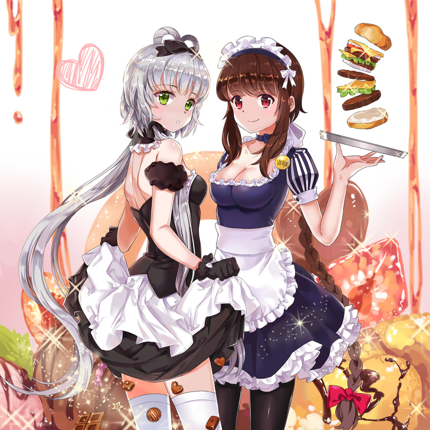 :o absurdres alternate_costume apron back bangs bare_shoulders black_bow black_dress black_gloves black_hair black_legwear blue_dress blurry blush bow braid breasts brown_hair candy caramel chocolate chocolate_heart choker cleavage closed_mouth cowboy_shot depth_of_field detached_collar detached_sleeves doughnut dress eyebrows eyebrows_visible_through_hair food fruit gloves gradient gradient_background green_eyes grey_hair guaizi hair_bow hair_ornament hair_rings hamburger heart highres ice_cream legs_apart long_hair looking_at_viewer looking_back luo_tianyi maid maid_headdress medium_breasts mint multiple_girls pantyhose puffy_short_sleeves puffy_sleeves red_eyes short_sleeves single_braid skirt_hold small_breasts smile sparkle star strawberry striped thighhighs tray very_long_hair vocaloid vocanese waist_apron white_apron white_bow white_legwear yuezheng_ling