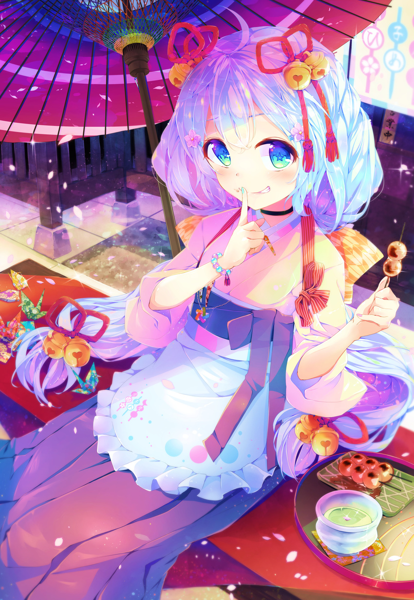 absurdres bell blue_hair blue_nails bracelet choker dennryuurai eating green_eyes highres jewelry long_hair looking_at_viewer moe2016 nail_polish oriental_umbrella original sitting_on_bench smile solo umbrella