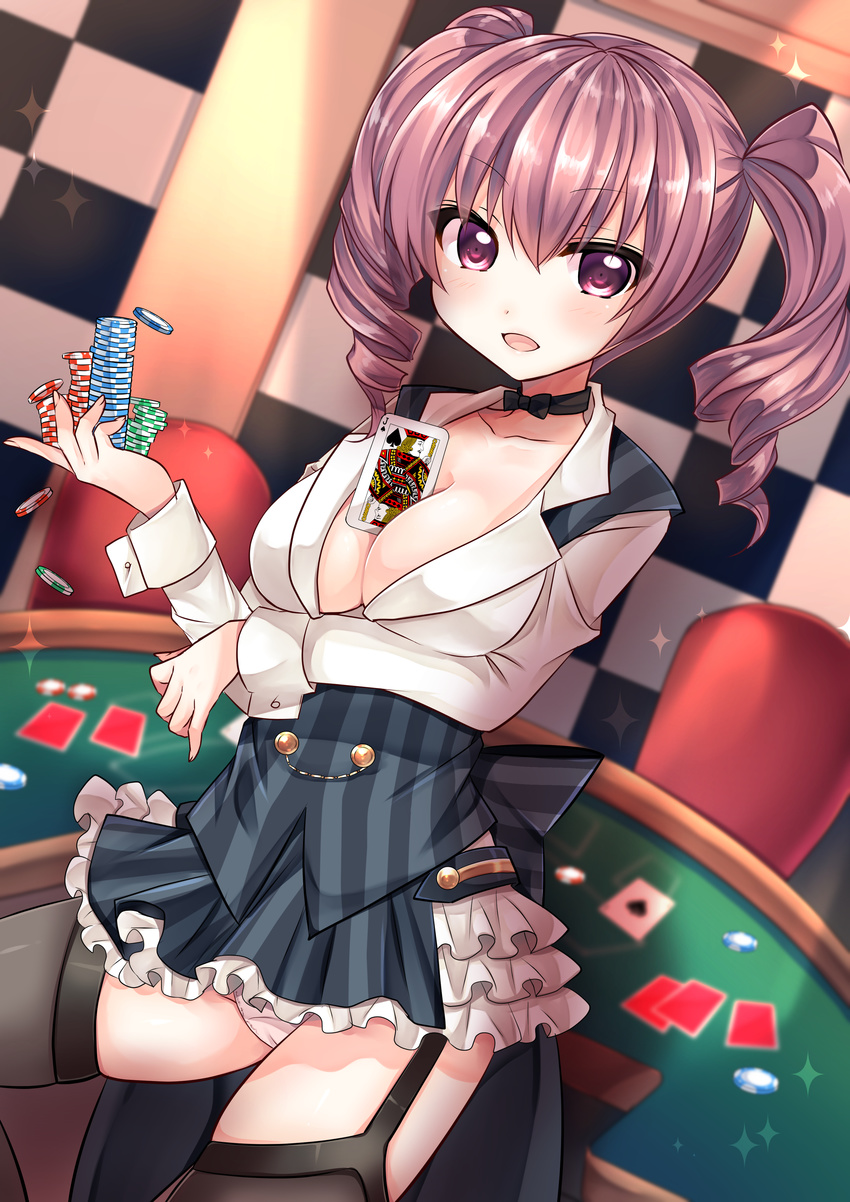 absurdres bangs between_breasts black_legwear breast_hold breasts cameltoe card casino casino_card_table chair checkered checkered_wall choker cleavage collared_shirt curly_hair drill_hair dutch_angle frilled_skirt frills garter_straps gokugetsu_momo happy highres holding indoors long_hair long_sleeves medium_breasts microskirt moe2016 no_bra open_mouth original panties playing_card poker_chip purple_eyes purple_hair shirt skirt smile solo spade_(shape) sparkle striped thighhighs twin_drills twintails underwear vertical-striped_skirt vertical_stripes vest white_panties white_shirt