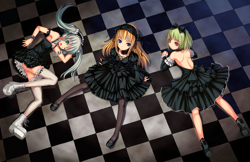 askray blonde_hair blue_eyes bosshi dress goth-loli gray_hair green_eyes green_hair lolita_fashion original pantyhose photoshop red_eyes tagme thighhighs twintails