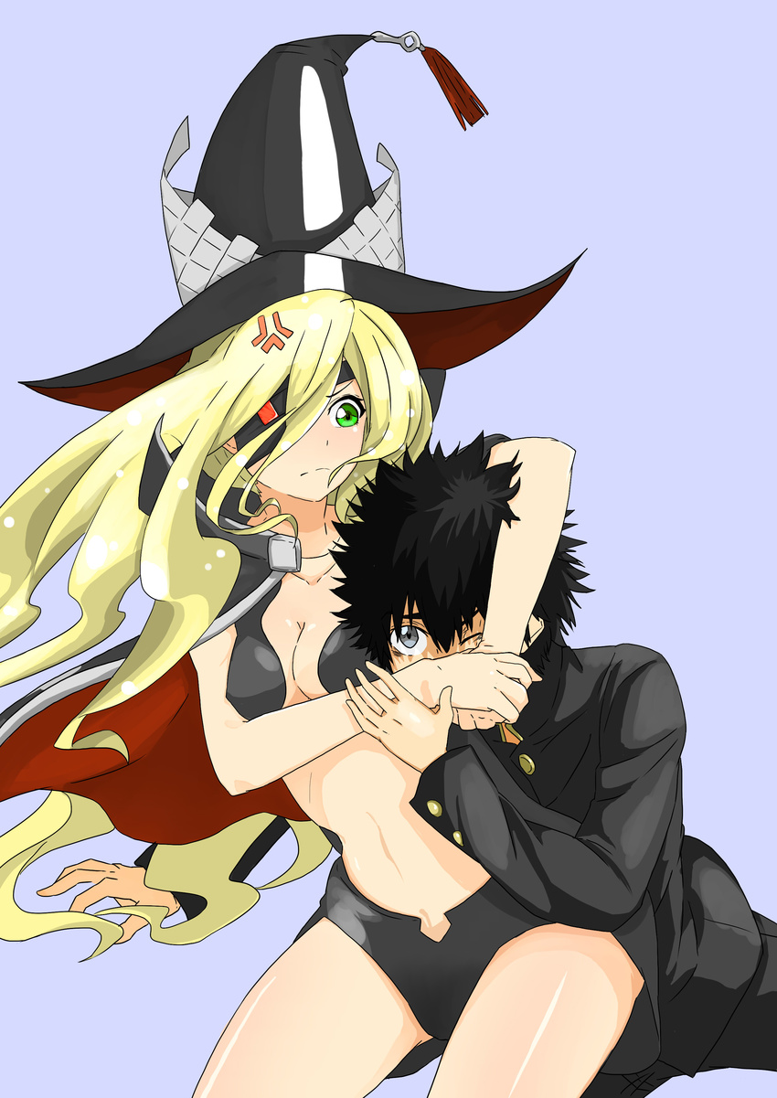 1girl :| abe_buson absurdres anger_vein ass_visible_through_thighs black_eyes black_hair blonde_hair blue_background breasts cleavage closed_mouth eyepatch glaring green_eyes groin hat highres hips kamijou_touma medium_breasts navel othinus spiked_hair thighs to_aru_majutsu_no_index to_aru_majutsu_no_index:_new_testament witch_hat