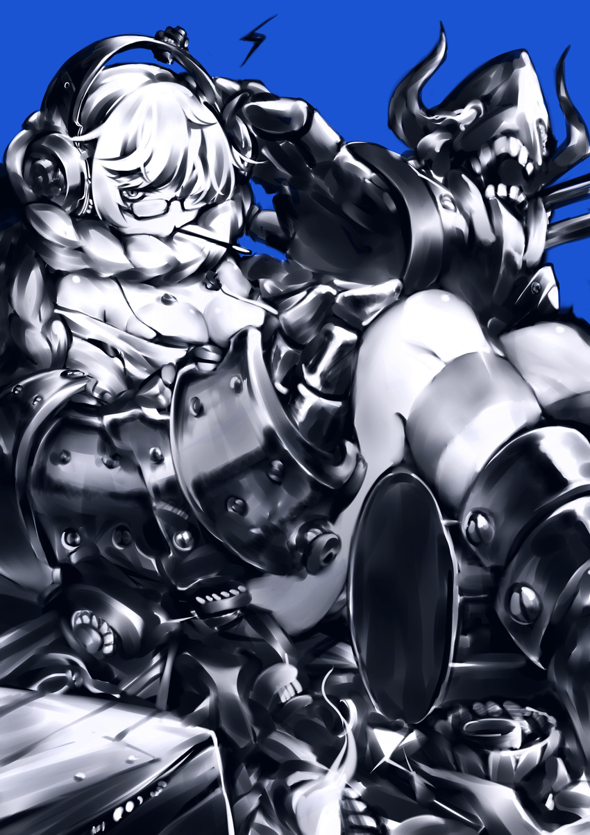 absurdres bangs black_bra blue_background bra bra_strap braid food gauntlets glasses hair_scarf hand_on_headphones headphones highres kantai_collection lightning_bolt long_hair looking_at_viewer machinery monochrome mouth_hold off_shoulder one_eye_covered pocky power_fist screw semi-rimless_eyewear shinkaisei-kan simple_background solo supply_depot_hime under-rim_eyewear underwear very_long_hair yamano_(yamanoh)