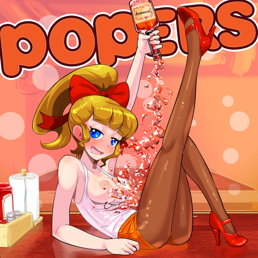 alcohol arm_support blush bottle bow brand_name_imitation breasts breasts_outside brown_legwear clothes_writing drunk employee_uniform hair_bow hennessy highres hooters jennifer_(pop'n_music) large_breasts leg_up long_hair looking_at_viewer nipples osamu_yagi pantyhose ponytail pop'n_music pouring saliva short_shorts shorts sitting smile solo tank_top uniform waitress