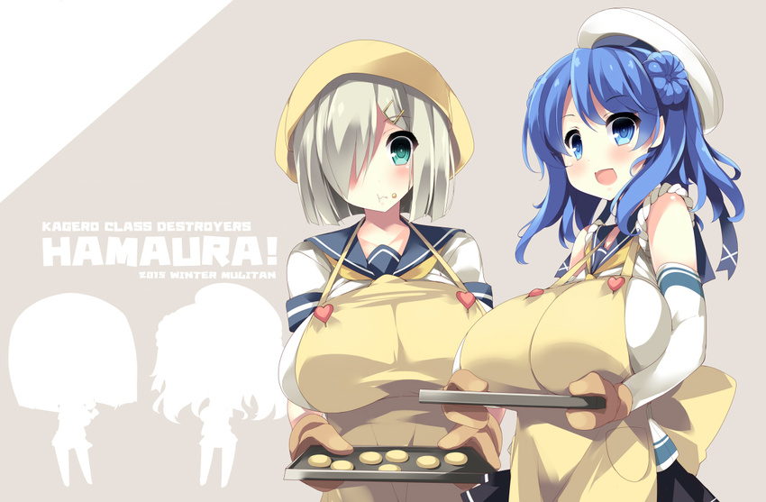 :d :t akikaze_tsumuji apron blue_eyes blue_hair blush breasts cookie double_bun food gloves hair_ornament hair_over_one_eye hairclip hamakaze_(kantai_collection) hat huge_breasts kantai_collection long_hair looking_at_viewer multiple_girls open_mouth oven_mitts school_uniform serafuku short_hair silver_hair sleeves_rolled_up smile urakaze_(kantai_collection) valentine white_hat
