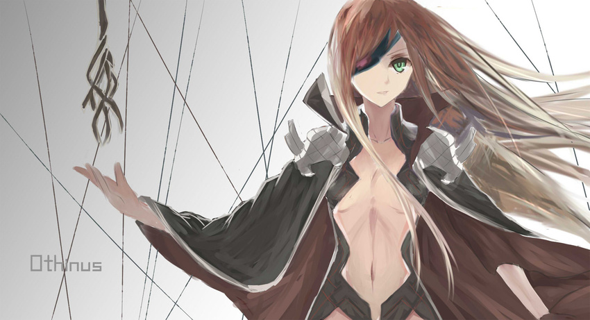 breasts brown_hair cape character_name eyepatch green_eyes long_hair medium_breasts navel othinus solo to_aru_majutsu_no_index to_aru_majutsu_no_index:_new_testament zang