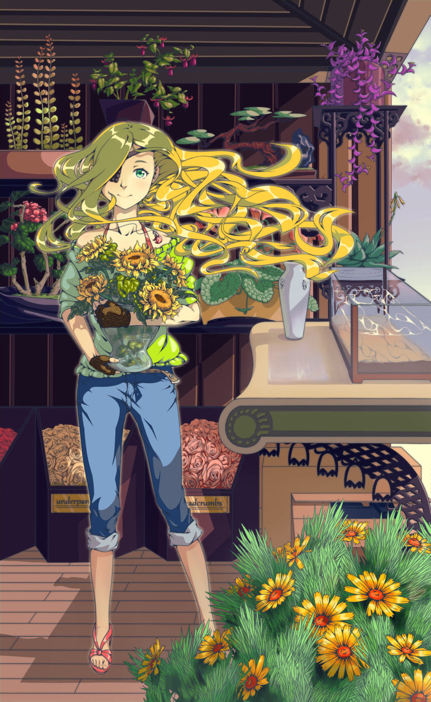 aloe_(plant) belt blonde_hair blouse blush bonsai bra_strap brown_gloves capri_pants daisy denim eyepatch fingerless_gloves fish_tank floating_hair flower flower_request flower_shop fuchsia_(flower) gloves green_blouse green_eyes hair_over_one_eye highres holding indoors jeans long_hair looking_at_viewer no_socks off_shoulder othinus pants pants_rolled_up pink_flower pink_rose plant planter potted_plant red_flower red_rose rose sandals shelf shop smile solo standing sunflower sunlight to_aru_majutsu_no_index to_aru_majutsu_no_index:_new_testament toes vase very_long_hair water white_flower white_rose window wooden_floor zuozishanning