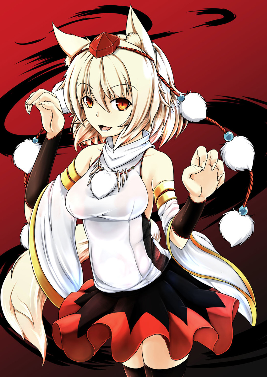 :3 animal_ears bare_shoulders black_legwear breasts collarbone detached_sleeves fangs hat highres inubashiri_momiji inyuppo large_breasts looking_at_viewer open_mouth pom_pom_(clothes) red_eyes short_hair silver_hair solo tail thighhighs tokin_hat touhou wide_sleeves wolf_ears wolf_tail