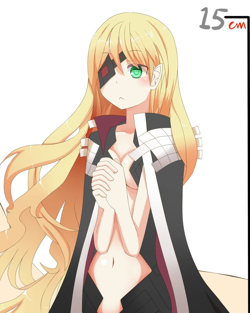 :&lt; absurdres blonde_hair blush breasts cape cleavage eyepatch green_eyes hands_clasped highres long_hair medium_breasts navel othinus own_hands_together pointy_ears solo to_aru_majutsu_no_index to_aru_majutsu_no_index:_new_testament tsuki_no_kuma