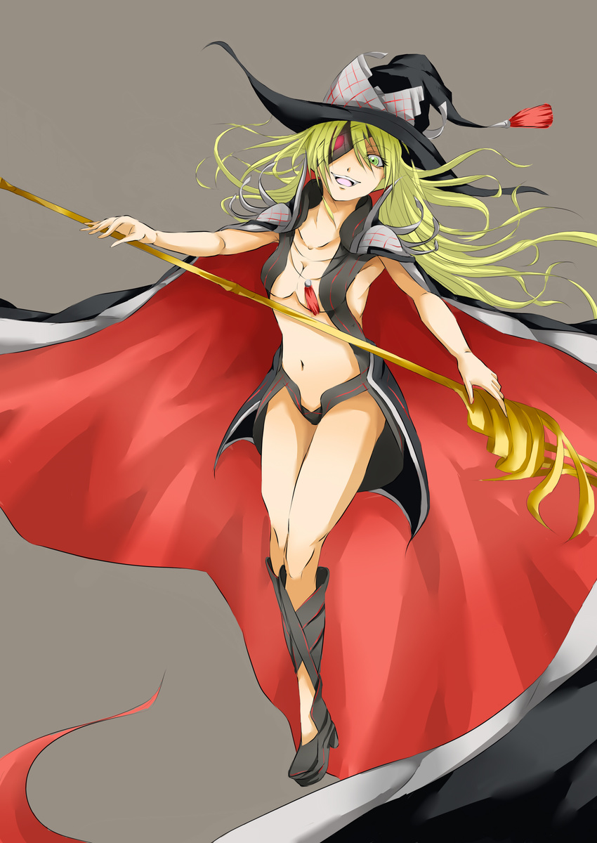 absurdres blonde_hair boots breasts cleavage eyepatch green_eyes hat highres long_hair medium_breasts navel othinus polearm solo spear tackt teeth to_aru_majutsu_no_index to_aru_majutsu_no_index:_new_testament weapon wide-eyed witch_hat