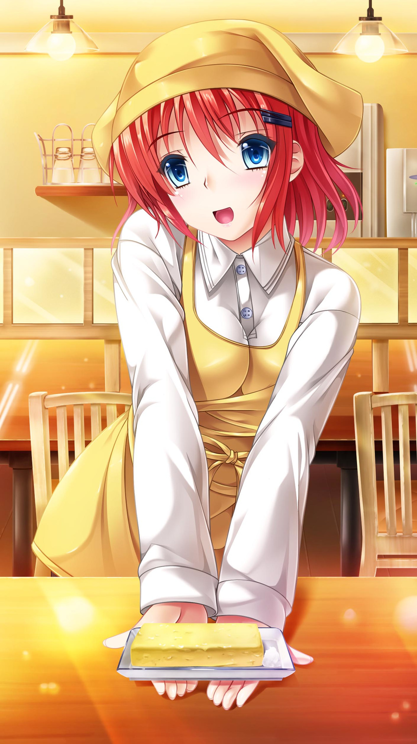 absurdres apron bangs blue_eyes breasts buttons chair collared_shirt food hair_ornament hairclip hairpin hanging_light happy head_scarf highres impossible_clothes impossible_shirt indoors kouichi_eiji light_bulb long_sleeves looking_at_viewer medium_breasts moe2016 open_mouth original outstretched_arms red_hair restaurant shirt short_hair smile solo table waitress white_shirt yellow yellow_apron