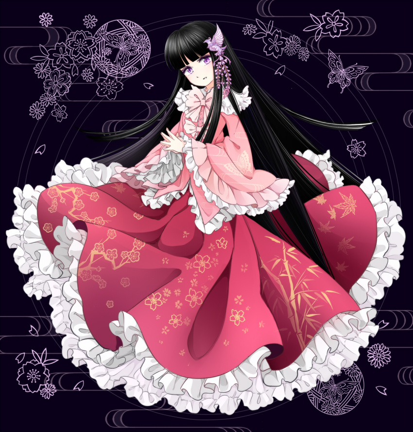 bad_id bad_pixiv_id bird_hair_ornament black_hair bug butterfly flower frills hair_ornament hands_together highres houraisan_kaguya insect japanese_clothes kimono looking_at_viewer miy open_mouth petals purple_eyes smile solo touhou
