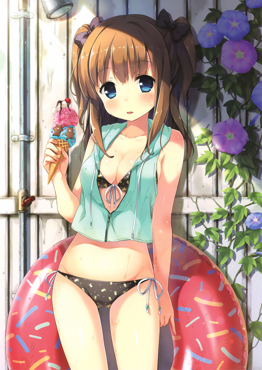 absurdres bangs berry's bikini black_bikini blue_eyes blush body_blush bow breasts brown_hair cherry chocolate_syrup cleavage collarbone crop_top double_scoop drawstring fence fingernails flower food front-tie_bikini front-tie_top fruit hair_bow highres hood hood_down hoodie houkou_yuuka ice_cream ice_cream_cone innertube long_hair looking_at_viewer medium_breasts morning_glory nail_polish outdoors picket_fence pink_nails pinky_out plant popsicle print_bikini sakura_koharu scan shade shower_head side-tie_bikini sleeveless sleeveless_hoodie solo sprinkles sunlight sweat swimsuit tongue tongue_out two_side_up waffle_cone wet whipped_cream wooden_fence