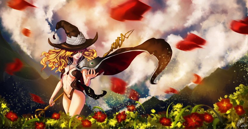 artist_name blonde_hair blue_sky breasts cleavage cloud dated field flower flower_field green_eyes hat highres long_hair medium_breasts mountain navel othinus petals polearm shingcs sky solo spear thighs to_aru_majutsu_no_index to_aru_majutsu_no_index:_new_testament weapon witch_hat