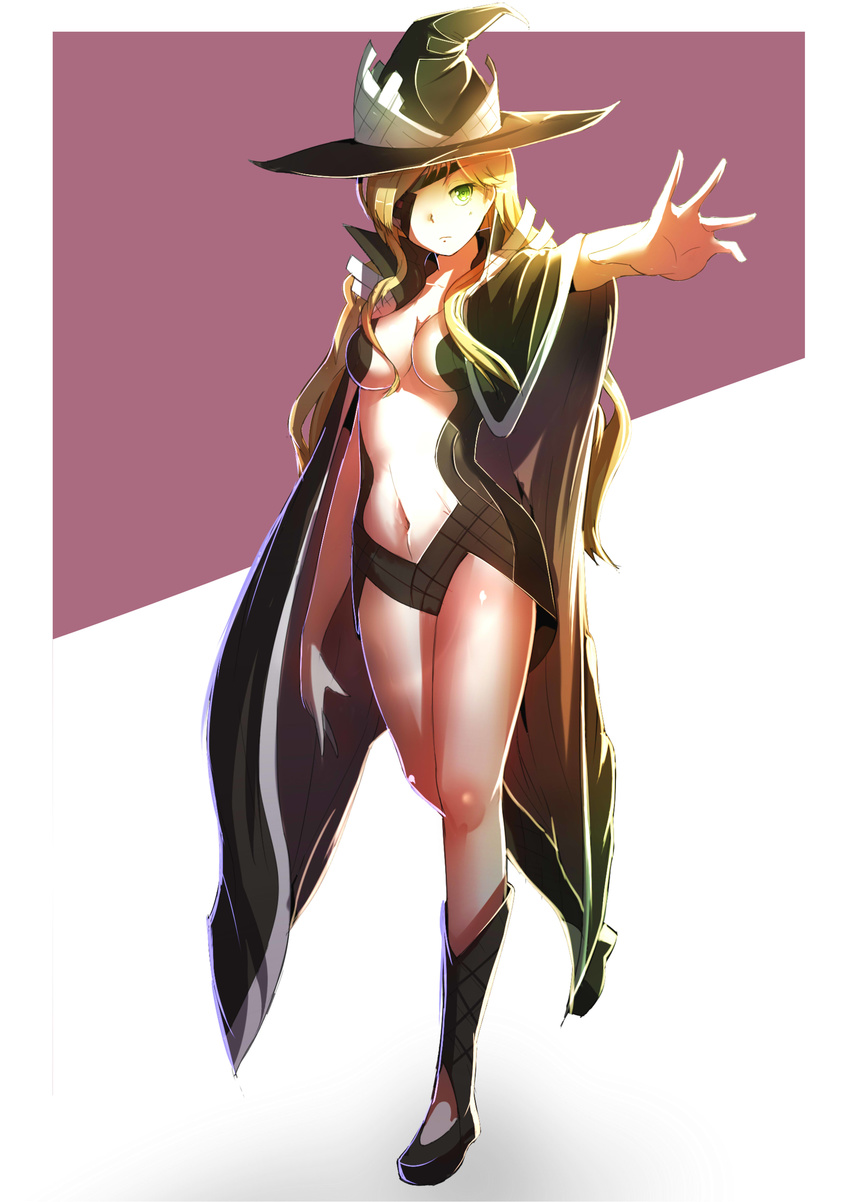 absurdres blonde_hair boots breasts cape cleavage eyepatch green_eyes hat highres julioalqae long_hair medium_breasts multicolored multicolored_background navel othinus outstretched_arm serious solo to_aru_majutsu_no_index to_aru_majutsu_no_index:_new_testament witch_hat