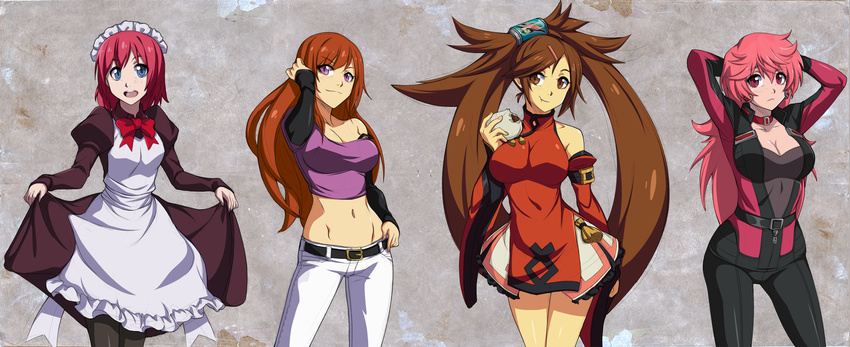 :t absurdres baozi black_legwear blue_eyes breasts brown_hair character_request chinese_clothes cleavage crossover curtsey food guilty_gear hidaka_aoi highres hisui juusou_kikou_dancouga_nova kuradoberi_jam large_breasts long_hair maid midriff mountain_dew multiple_girls navel pantyhose pink_hair purple_eyes red_hair spike_wible tsukihime very_long_hair