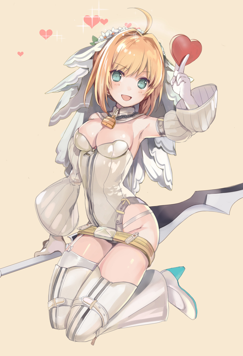ahoge armpits belt blonde_hair blush breasts chain cleavage detached_sleeves eyebrows fate/extra fate/extra_ccc fate/grand_order fate_(series) full_body gloves green_eyes heart high_heels highres kneeling leotard lock long_sleeves looking_at_viewer medium_breasts nero_claudius_(bride)_(fate) nero_claudius_(fate)_(all) nove_(legge) open_mouth padlock puffy_sleeves shoes short_hair simple_background smile solo sparkle veil weapon white_footwear white_gloves white_legwear white_sleeves zipper