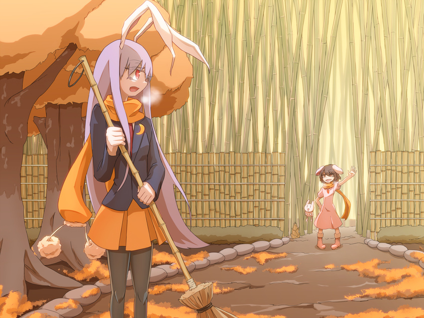 animal_ears arm_up autumn autumn_leaves bamboo bamboo_shoot blazer boots broom bunny bunny_ears carrot_necklace commentary_request dirt_road dress eyelashes fence fog hand_on_hip highres holding holding_broom inaba inaba_tewi jacket jewelry lithiumrider long_hair long_sleeves multiple_girls necktie open_mouth orange_eyes outdoors pink_dress pleated_skirt red_eyes red_neckwear reisen_udongein_inaba scarf short_hair skirt smile thighhighs touhou tree tree_shade
